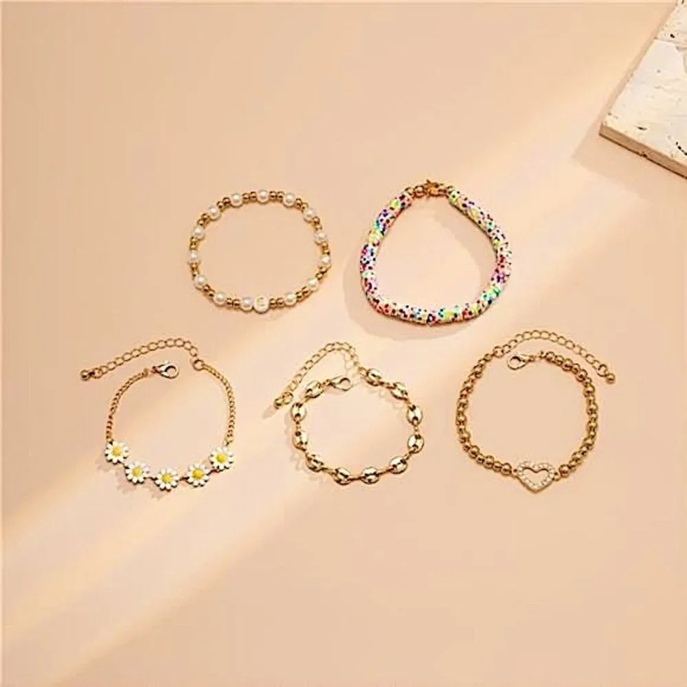 Summer Vibes Boho Daisy & Pearl Gold Tone 5 Piece Bracelet Stack Heart Charm Set